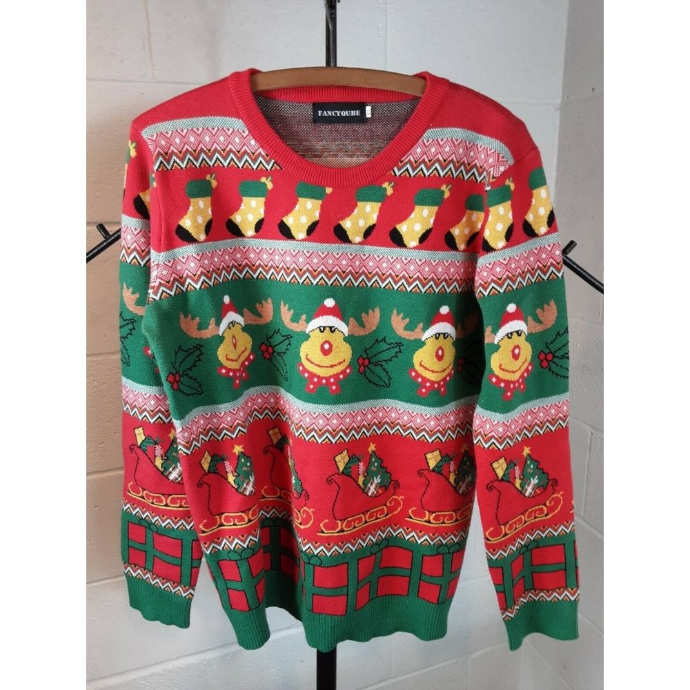 Ladies Ugly Christmas Sweater Reindeer Stockings Gift Sleigh Holiday Party XL